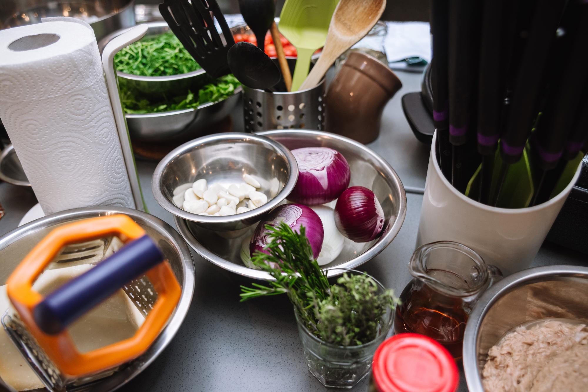 Prep station with organized ingredients